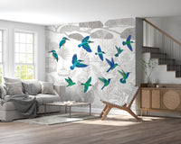Enchanted Canopy Sketch with Colorful Flying Birds Wall Mural