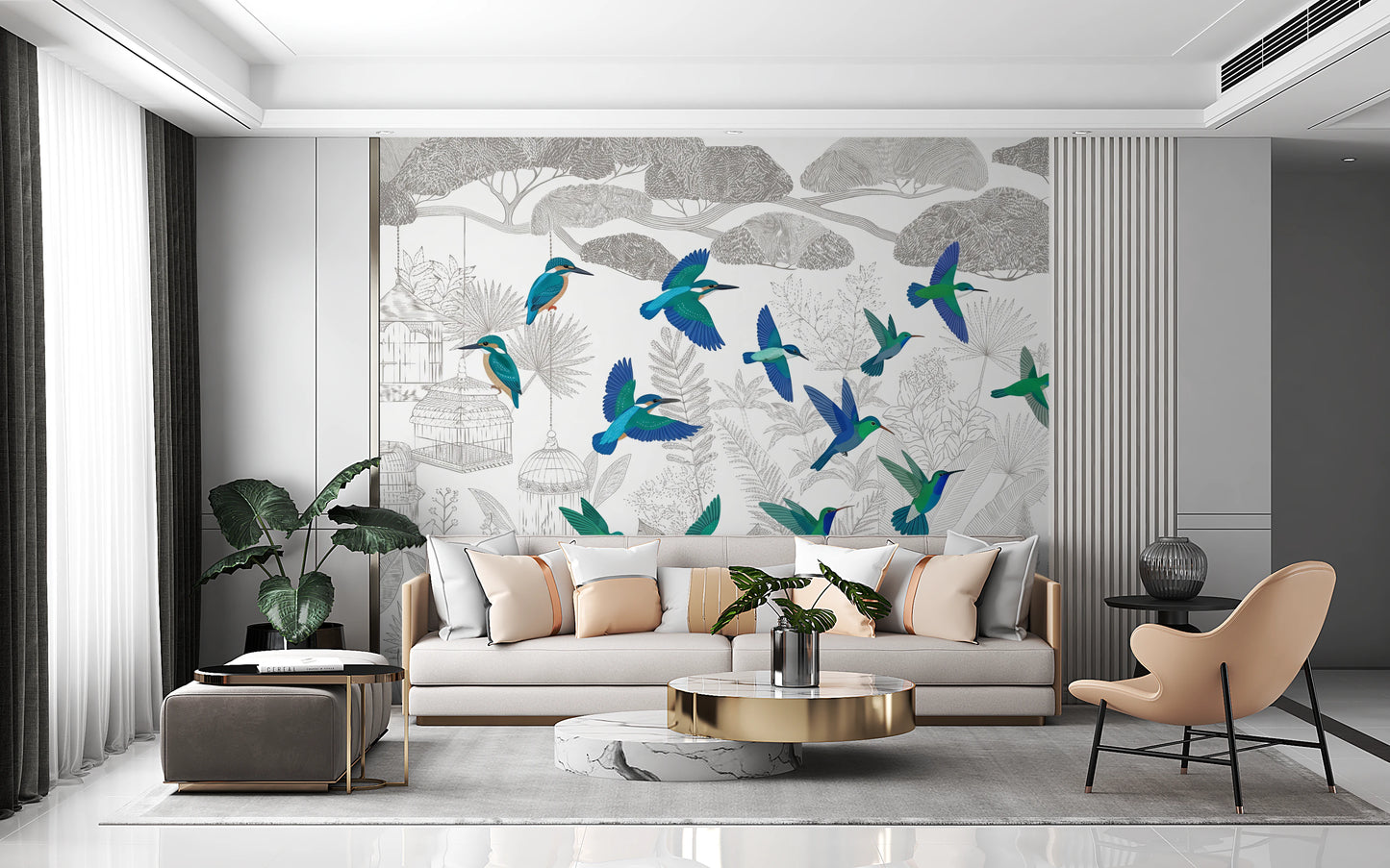 Enchanted Canopy Sketch with Colorful Flying Birds Wall Mural