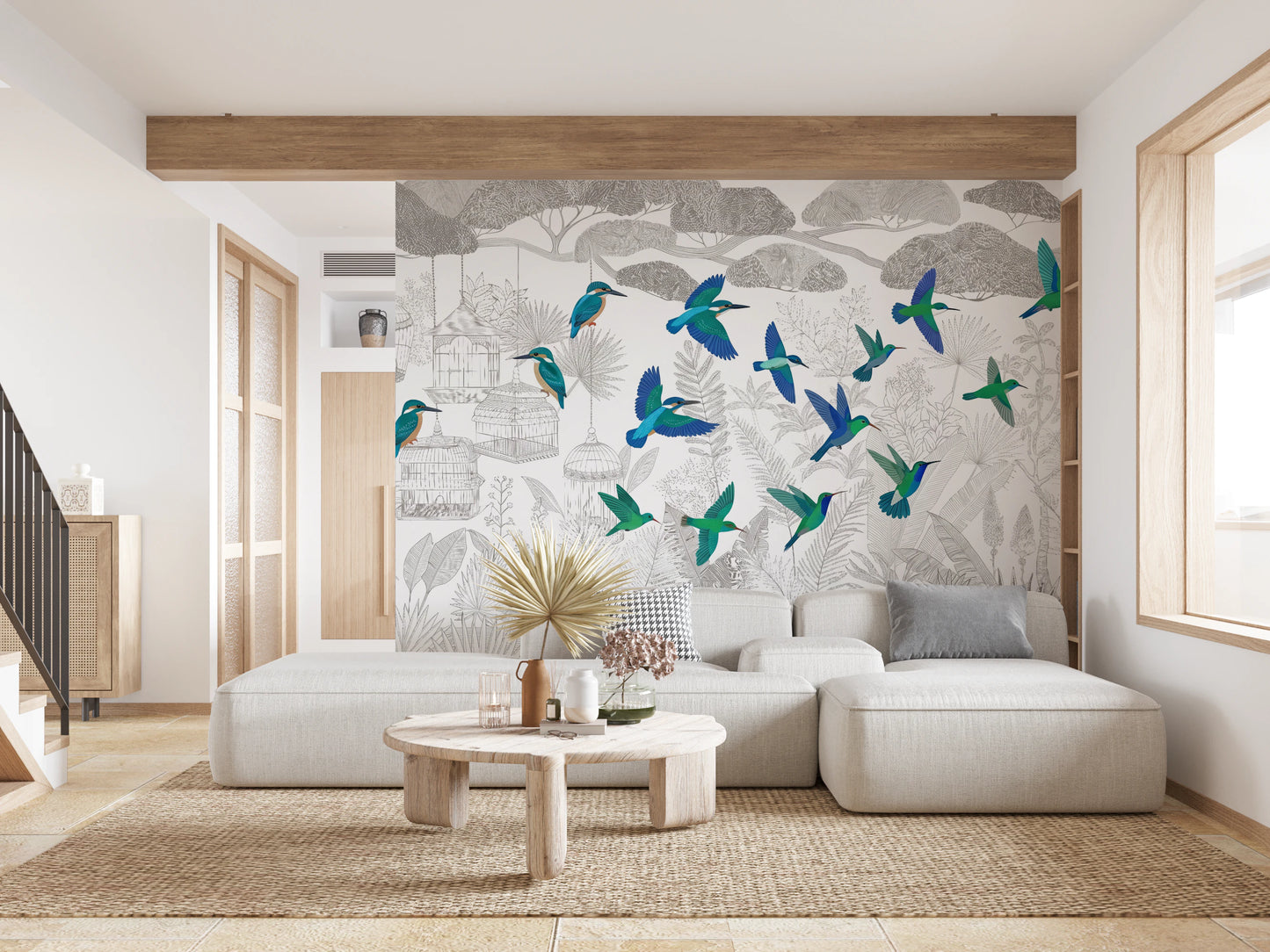 Enchanted Canopy Sketch with Colorful Flying Birds Wall Mural