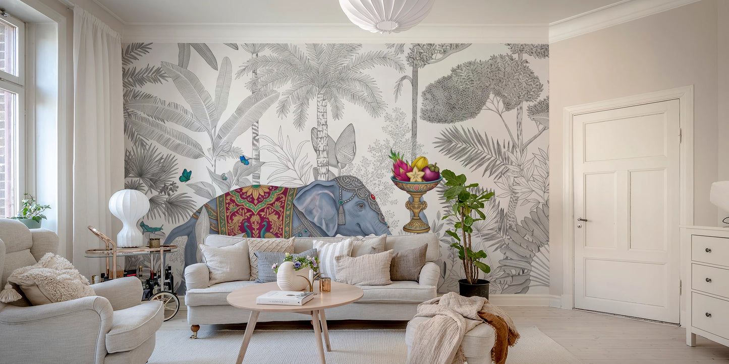 Exotic Chinoiserie Elephant and Palm Tree Wall Mural