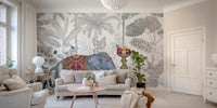 Exotic Chinoiserie Elephant and Palm Tree Wall Mural