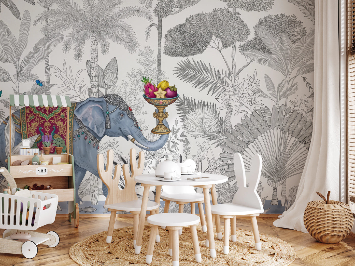 Exotic Chinoiserie Elephant and Palm Tree Wall Mural