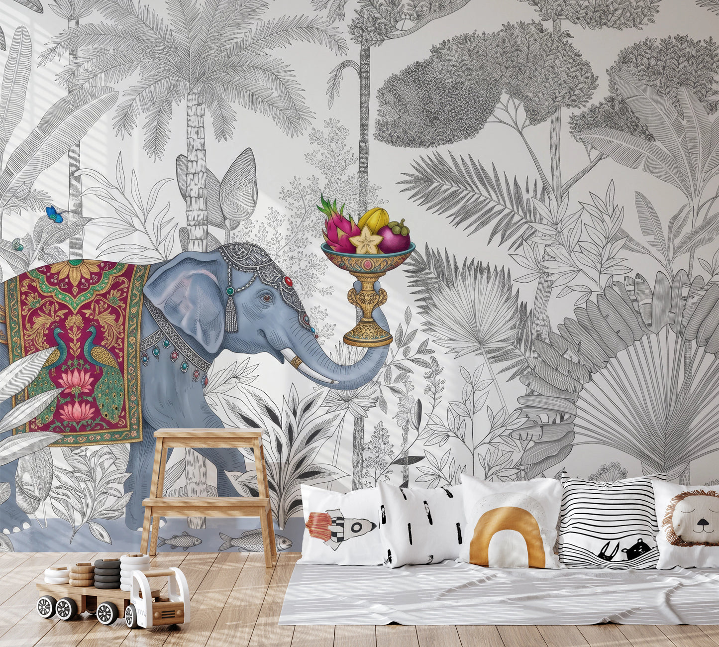 Exotic Chinoiserie Elephant and Palm Tree Wall Mural
