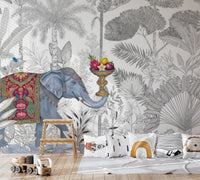 Exotic Chinoiserie Elephant and Palm Tree Wall Mural