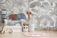 Exotic Chinoiserie Elephant and Palm Tree Wall Mural