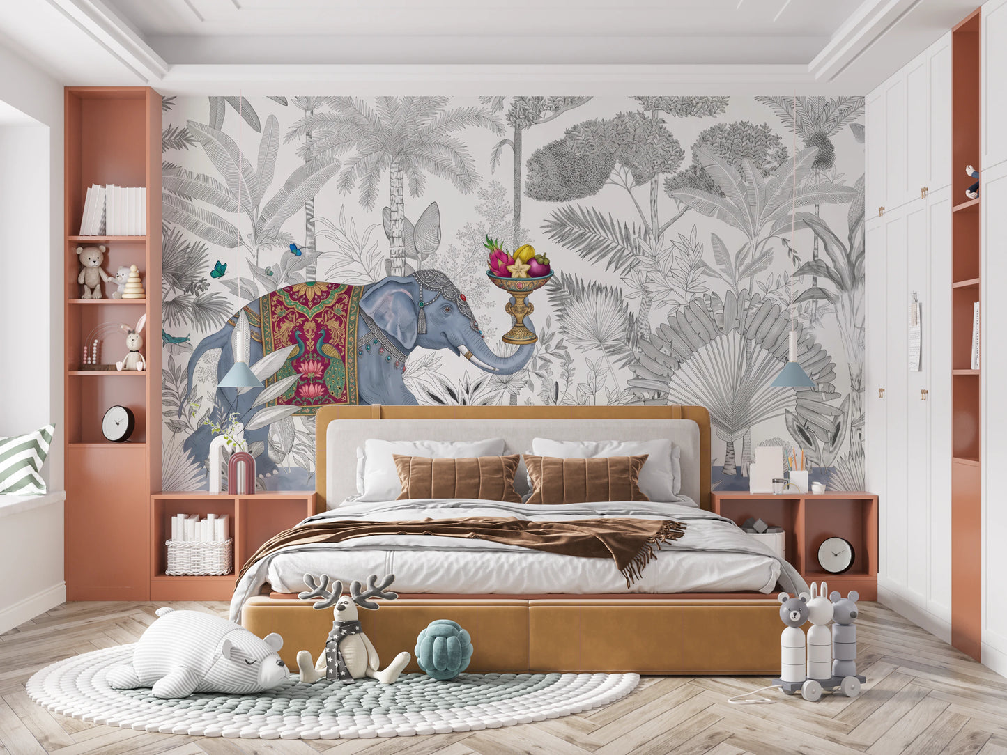 Exotic Chinoiserie Elephant and Palm Tree Wall Mural