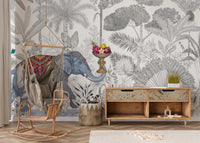 Exotic Chinoiserie Elephant and Palm Tree Wall Mural