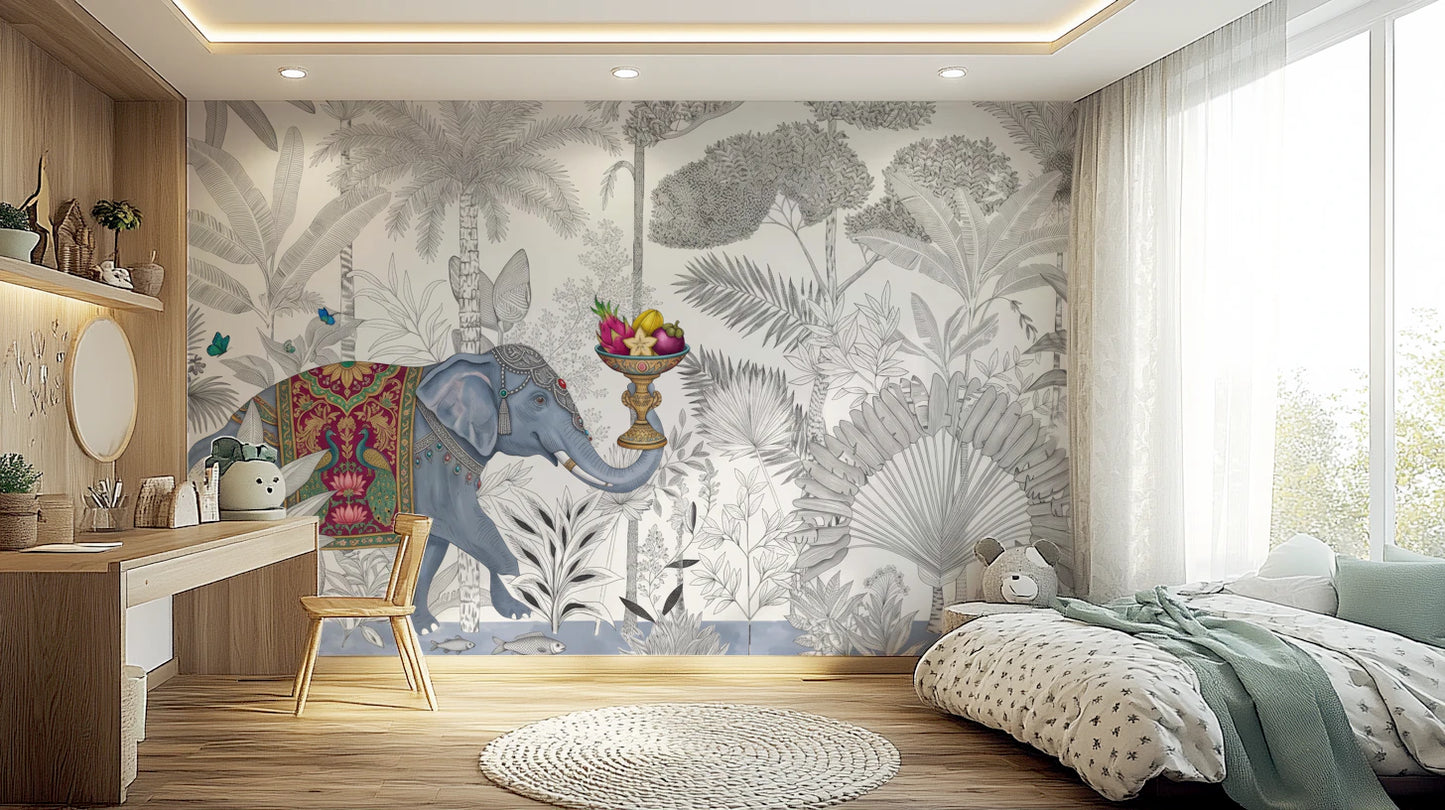 Exotic Chinoiserie Elephant and Palm Tree Wall Mural