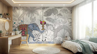 Exotic Chinoiserie Elephant and Palm Tree Wall Mural