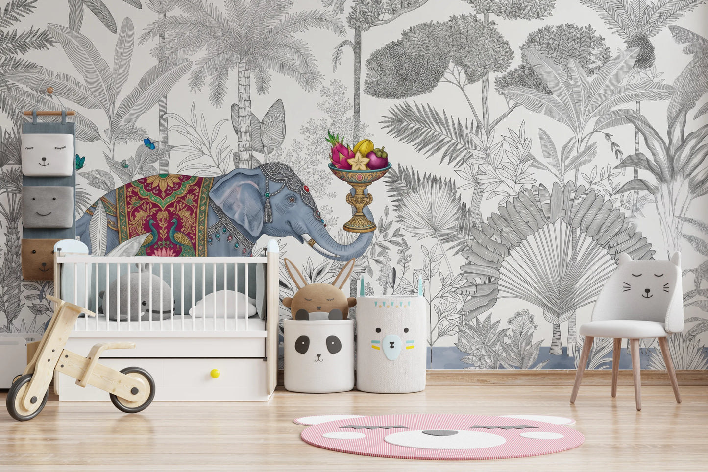 Exotic Chinoiserie Elephant and Palm Tree Wall Mural