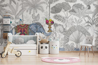 Exotic Chinoiserie Elephant and Palm Tree Wall Mural