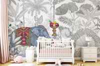 Exotic Chinoiserie Elephant and Palm Tree Wall Mural