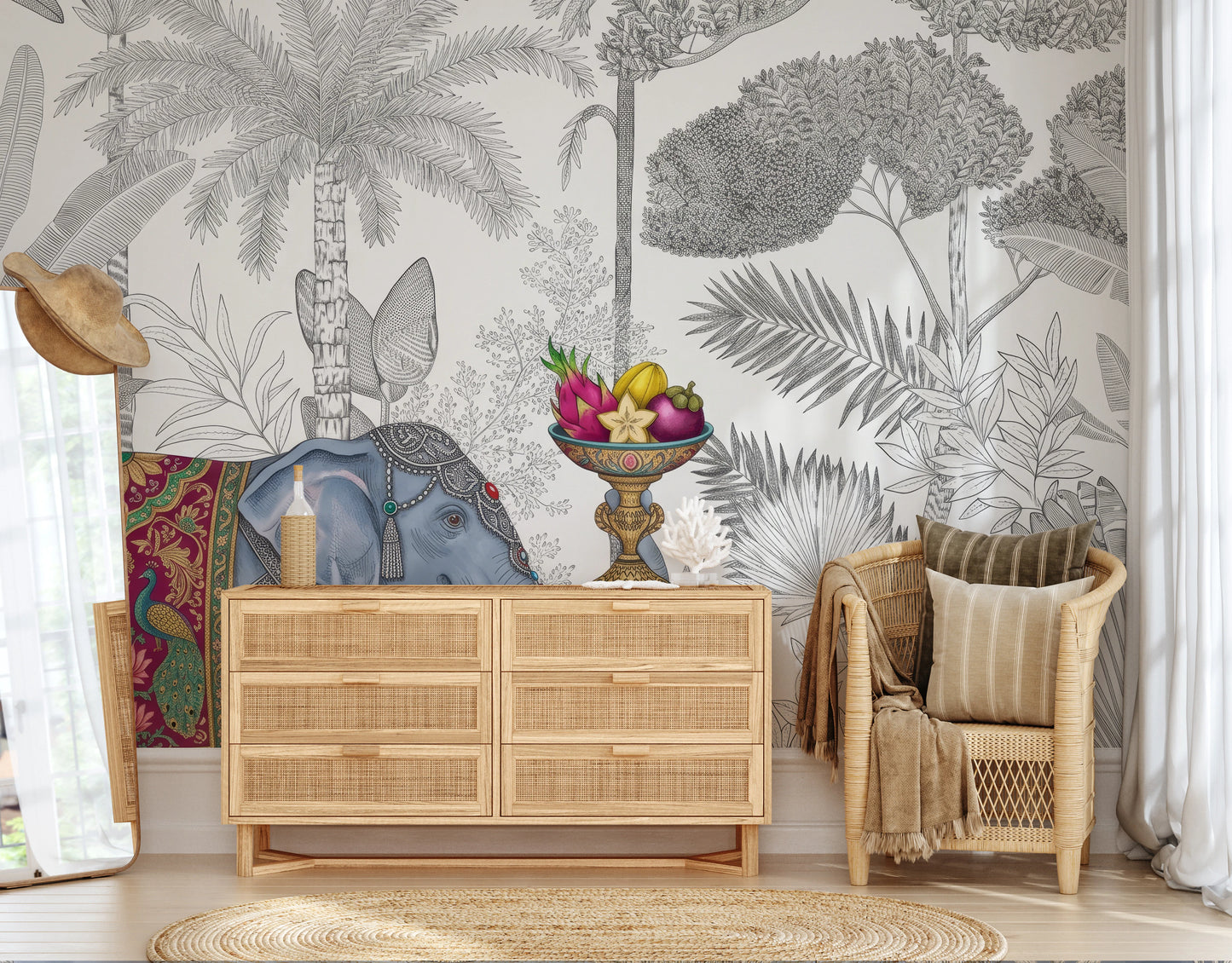 Exotic Chinoiserie Elephant and Palm Tree Wall Mural