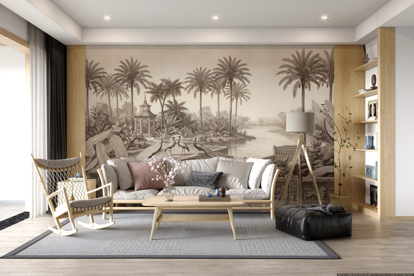 Vintage Chinoiserie Peacock and Palms Wall Mural