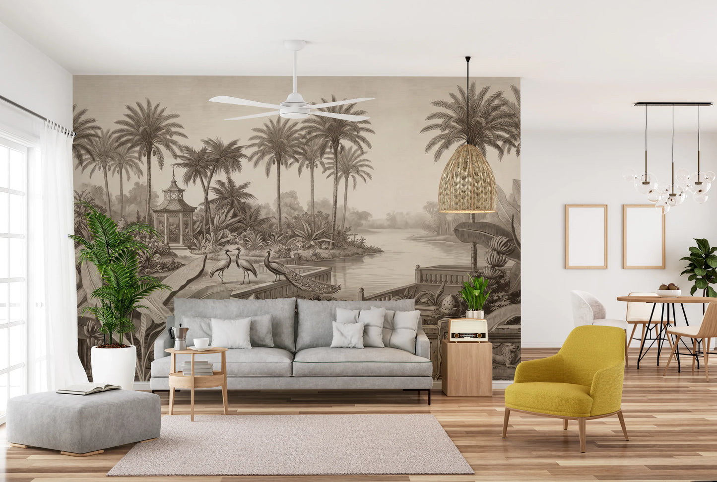 Vintage Chinoiserie Peacock and Palms Wall Mural