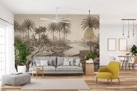 Vintage Chinoiserie Peacock and Palms Wall Mural