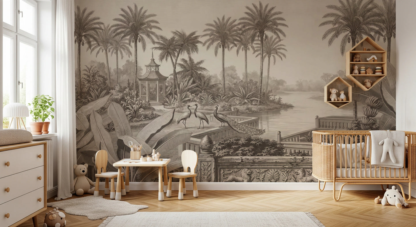 Vintage Chinoiserie Peacock and Palms Wall Mural