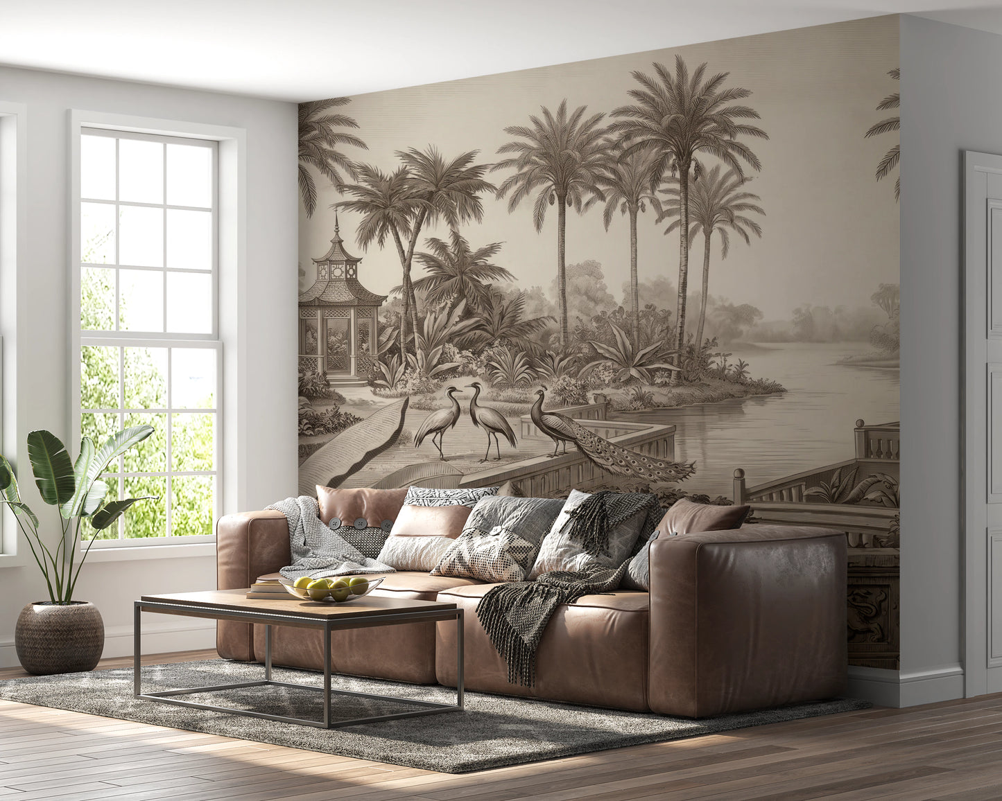 Vintage Chinoiserie Peacock and Palms Wall Mural