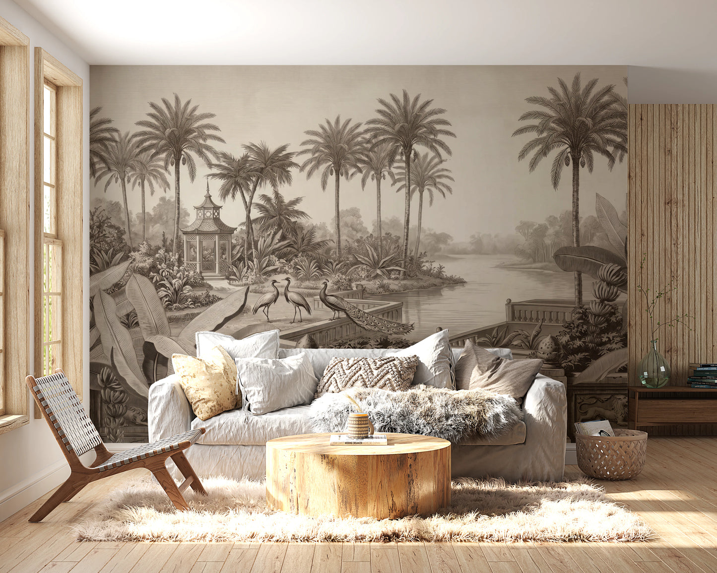 Vintage Chinoiserie Peacock and Palms Wall Mural