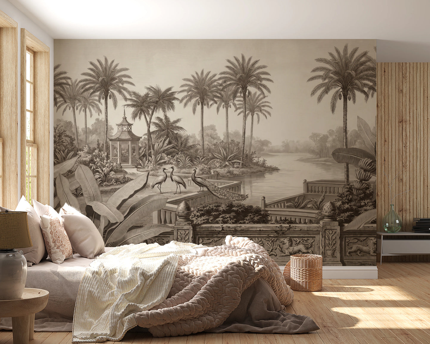 Vintage Chinoiserie Peacock and Palms Wall Mural