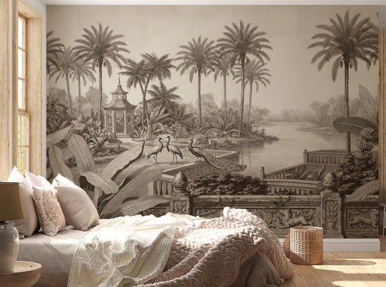 Sepia-toned riverside landscape wall mural with tall coconut palms and a distant pagoda.