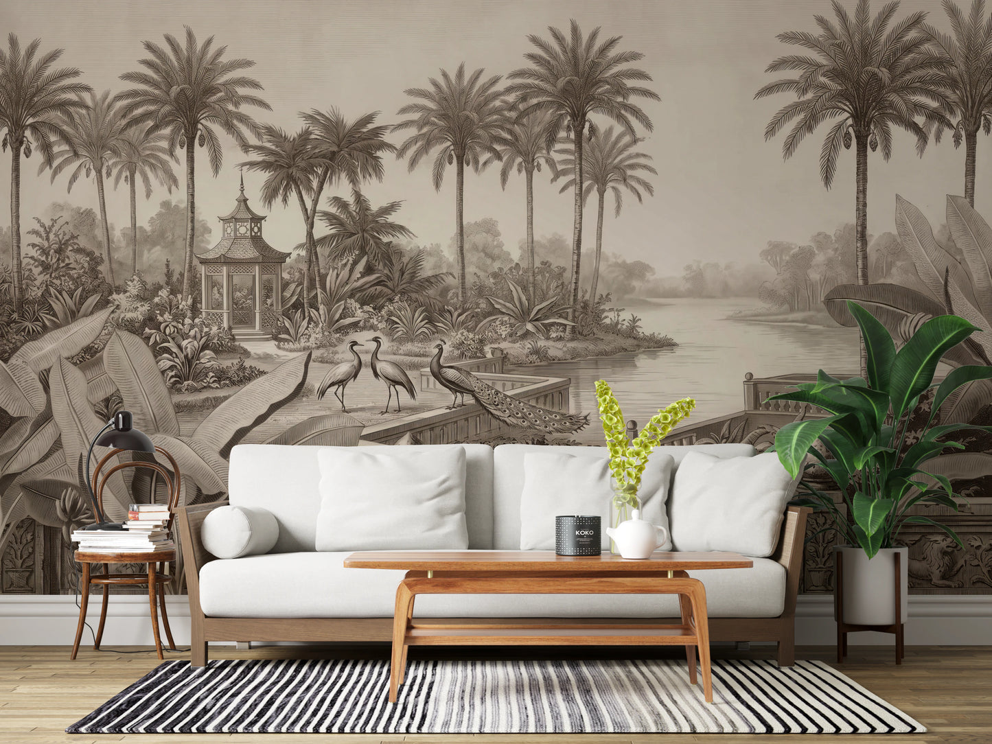 Vintage Chinoiserie Peacock and Palms Wall Mural