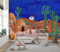 Whimsical Desert Oasis at Night Wall Mural