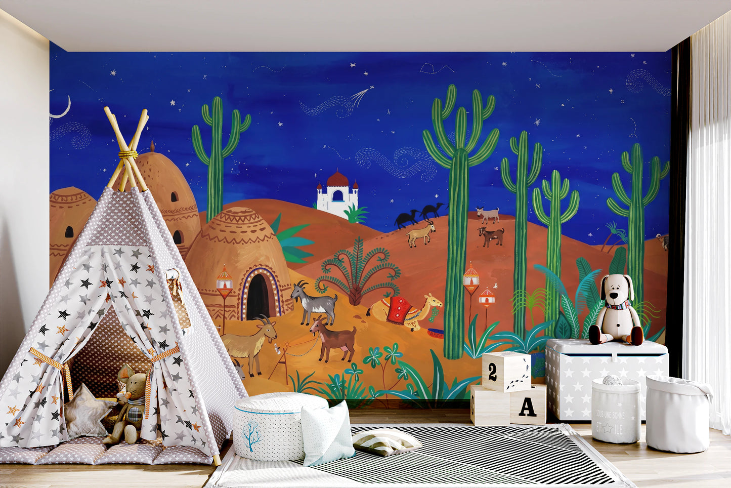 Whimsical Desert Oasis at Night Wall Mural