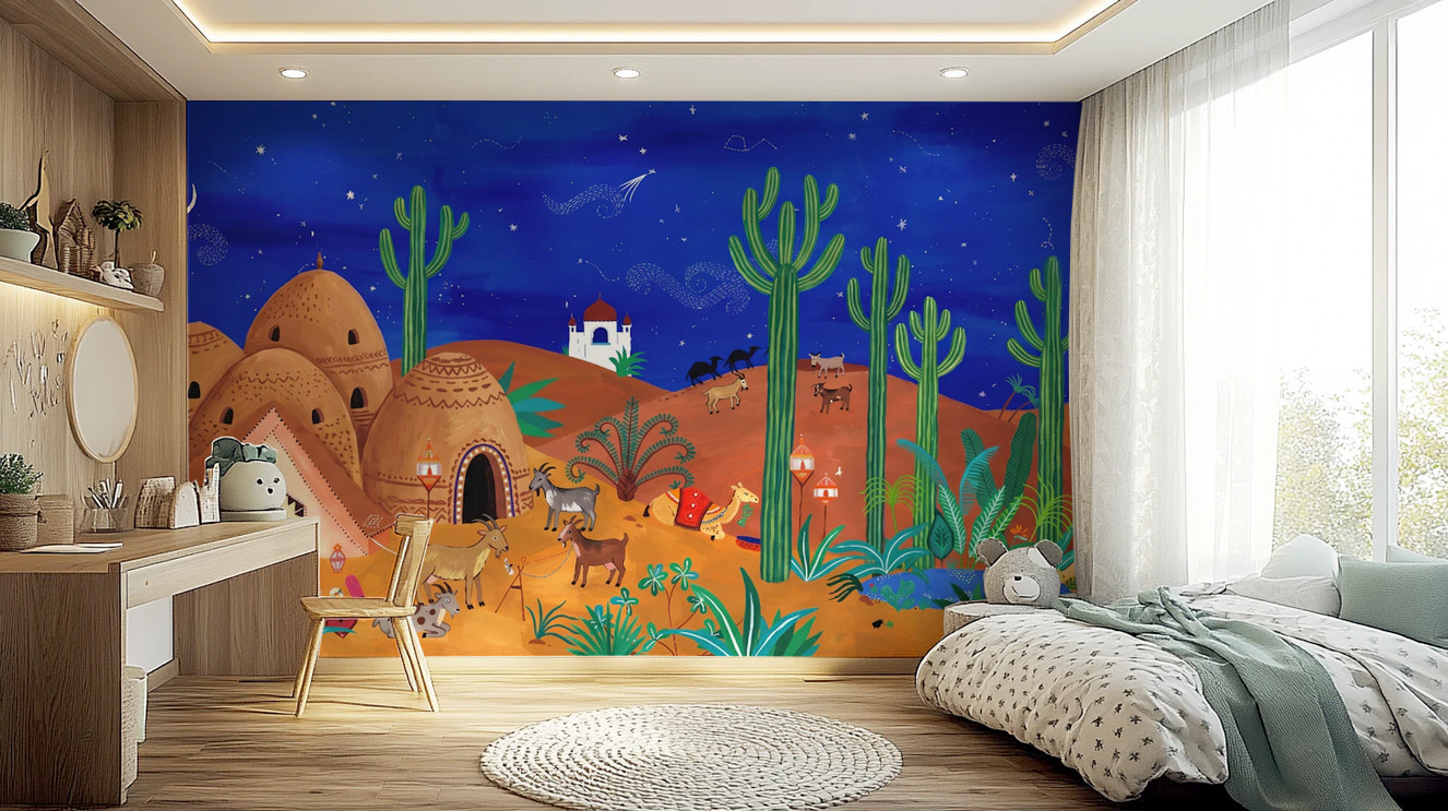 Whimsical Desert Oasis at Night Wall Mural