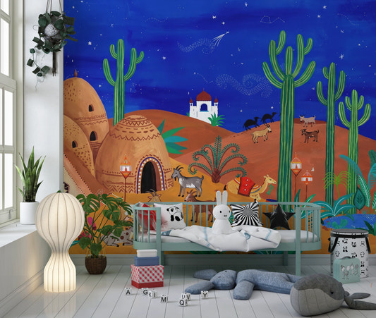 Whimsical Desert Oasis at Night Wall Mural