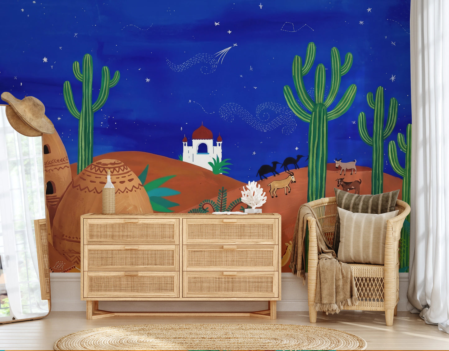 Whimsical Desert Oasis at Night Wall Mural