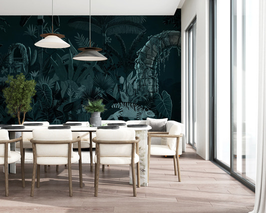Midnight Jungle Ruins with Wild Tiger Wall Mural