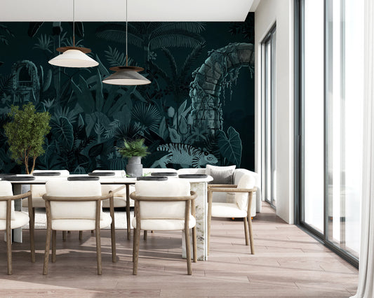 Dense tropical foliage mural with banana leaves, ferns, and palm fronds in dining room.