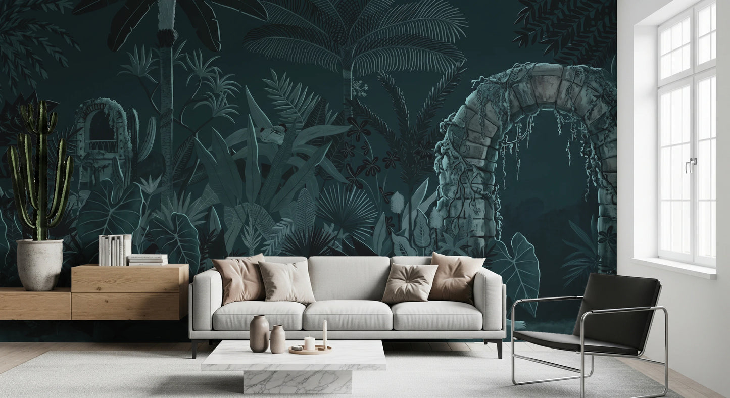 Midnight Jungle Ruins with Wild Tiger Wall Mural