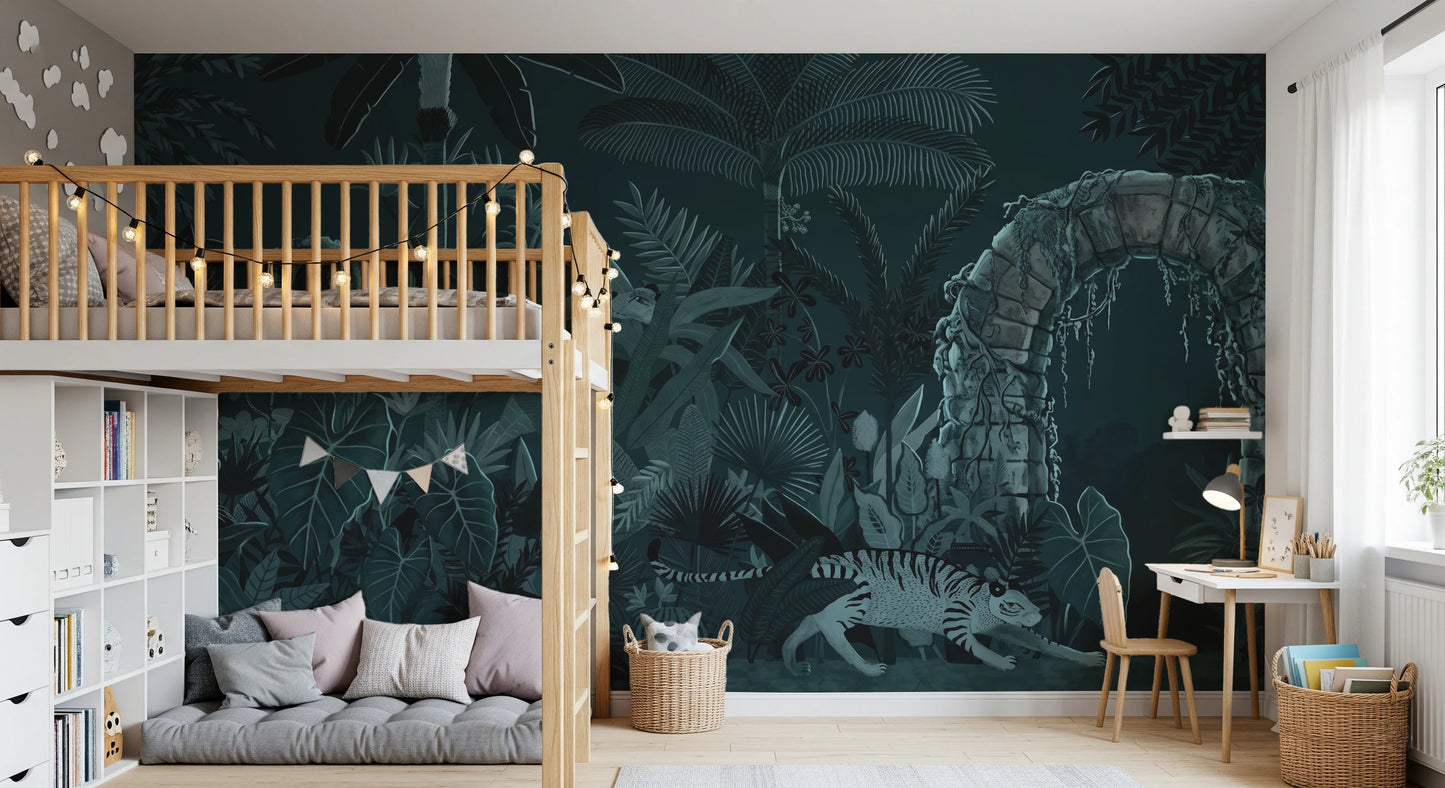 Midnight Jungle Ruins with Wild Tiger Wall Mural
