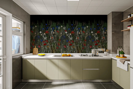 Painterly wildflower field mural with silver stems and wheat stalks on a black backdrop