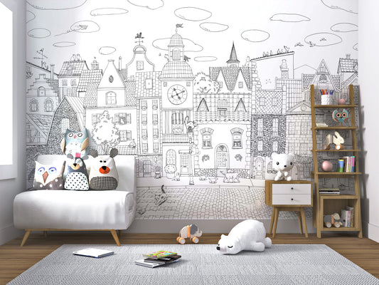 Charming Black and White Town Street Illustration Wall Mural