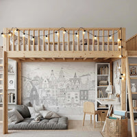 Charming Black and White Town Street Illustration Wall Mural