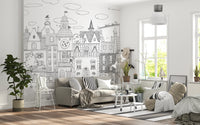 Charming Black and White Town Street Illustration Wall Mural