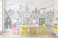 Charming Black and White Town Street Illustration Wall Mural