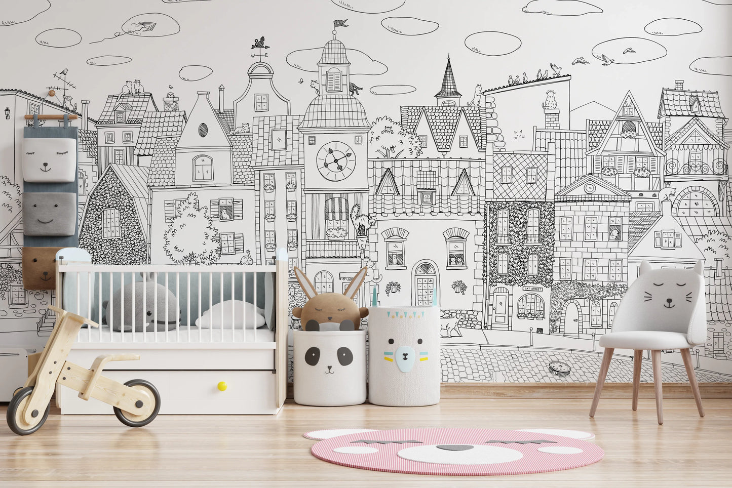 Charming Black and White Town Street Illustration Wall Mural