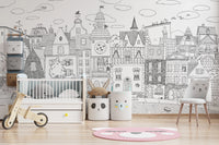 Charming Black and White Town Street Illustration Wall Mural