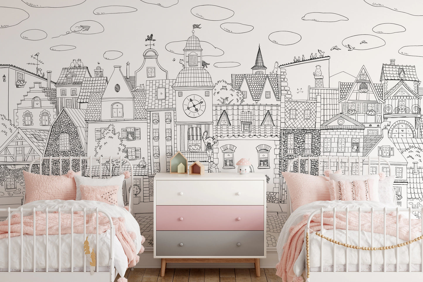 Charming Black and White Town Street Illustration Wall Mural