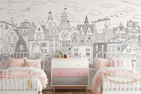 Charming Black and White Town Street Illustration Wall Mural