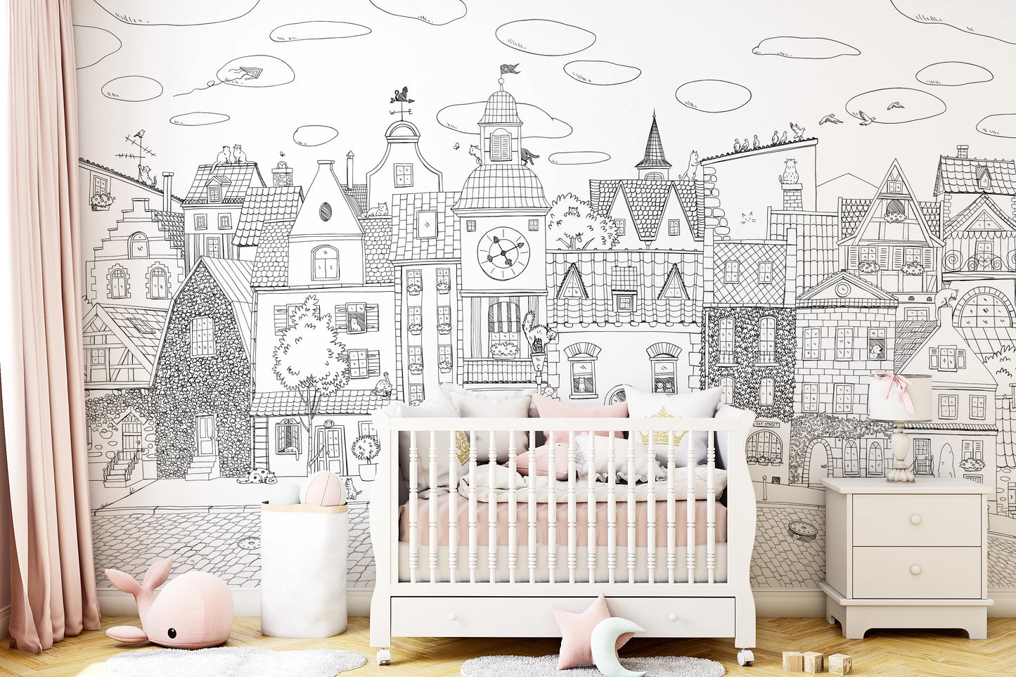 Charming Black and White Town Street Illustration Wall Mural