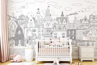 Charming Black and White Town Street Illustration Wall Mural