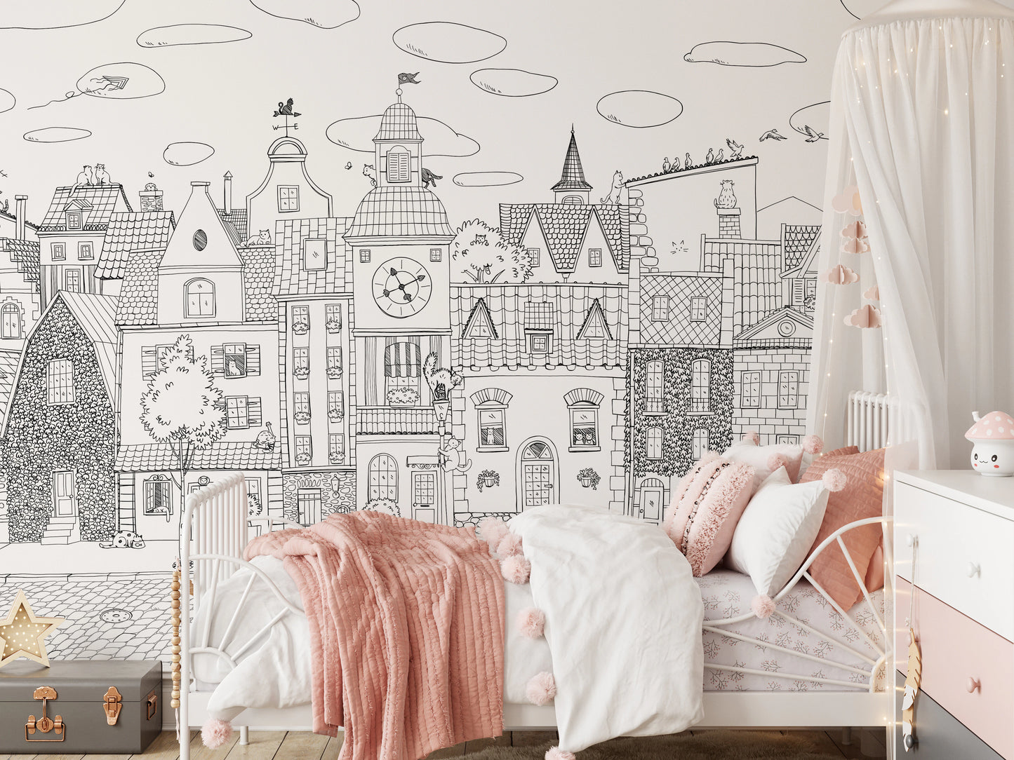 Charming Black and White Town Street Illustration Wall Mural