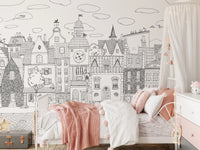 Charming Black and White Town Street Illustration Wall Mural