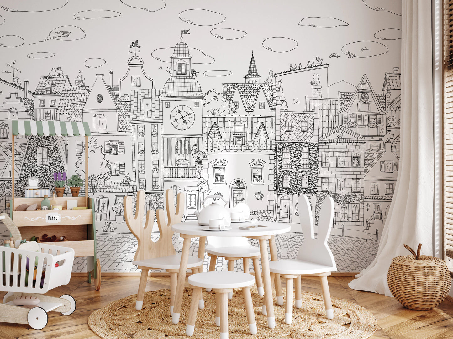 Charming Black and White Town Street Illustration Wall Mural