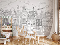 Charming Black and White Town Street Illustration Wall Mural